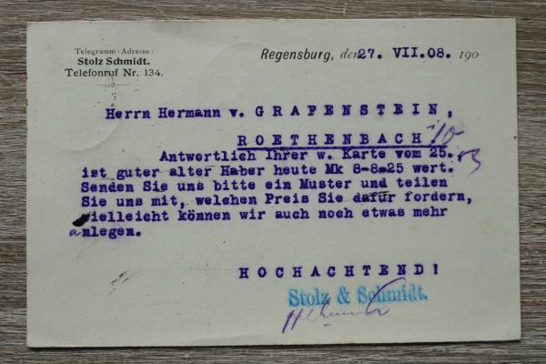 Postkarte PK Regensburg / 1908 / Geschäftspost / Stolz und Schmidt / Empfänger Freiherr von Grafenstein aus Röthenbach